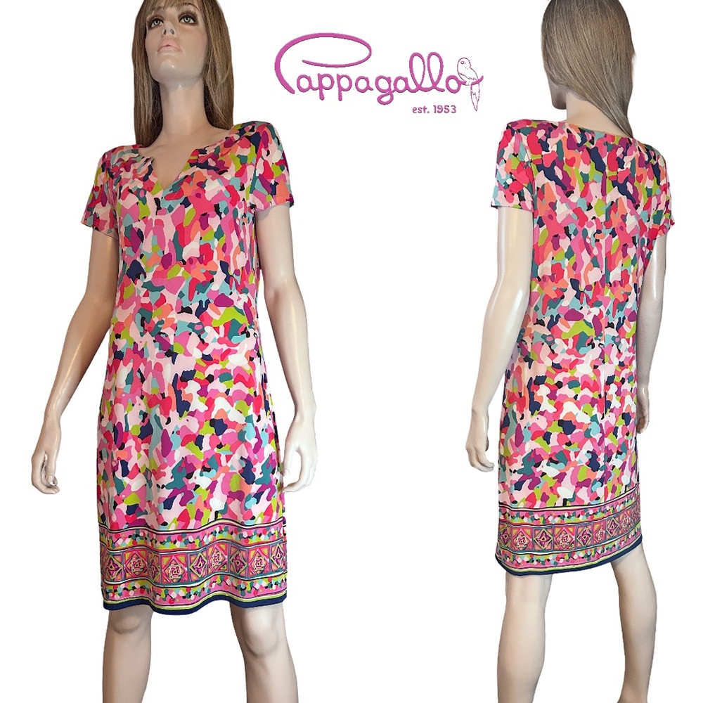 Cappagallo Shift Dress Abstract Print Jersey Knit Colourful Fun V-Neck